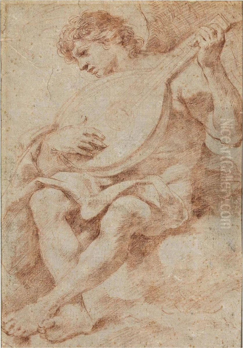 An Angel Seated On A Cloud Playing The Lute Oil Painting by Giovanni Francesco Barbieri