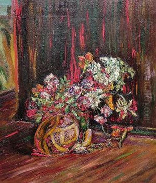 Floral Still Life In An Interior Oil Painting by Alvaro Guevara