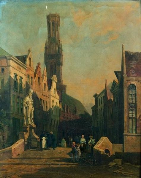 La Vue Du Beffroi De Bruges Dominant Une Rue Animee De Personnages Oil Painting by Jacques Guiaud