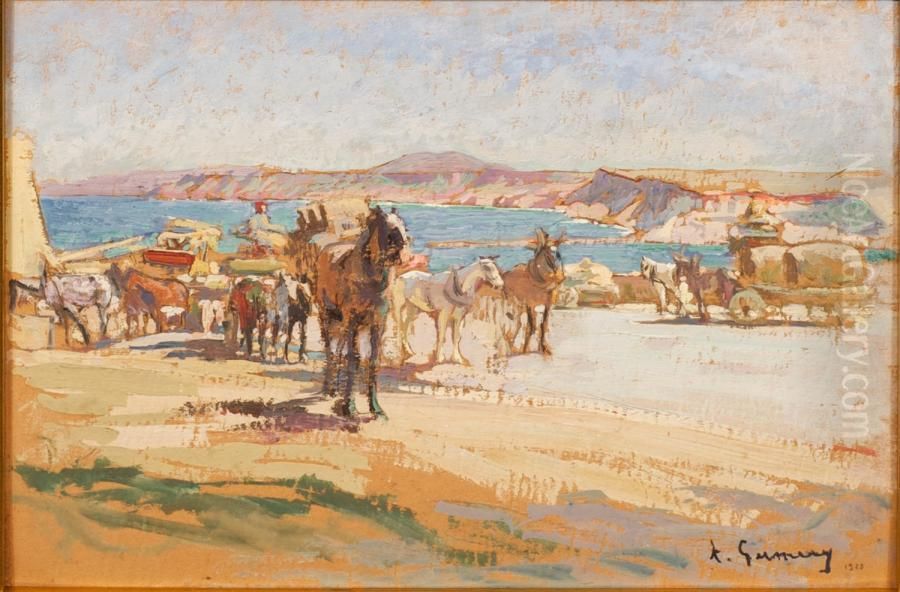 Le Dechargement Au Port Oil Painting by Adolphe Gumery