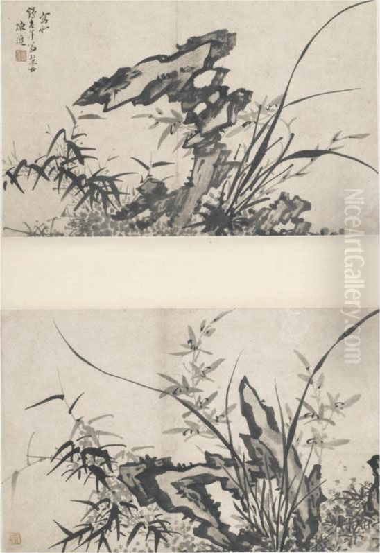 Flowers And Rocks Oil Painting by Chen Guo