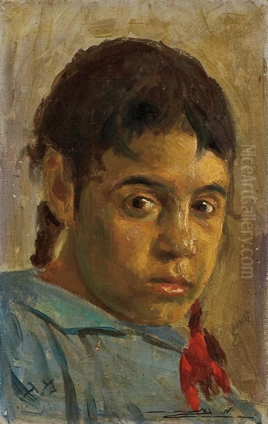 Girl With Red Ribbon Oil Painting by Meir Gur-Arie