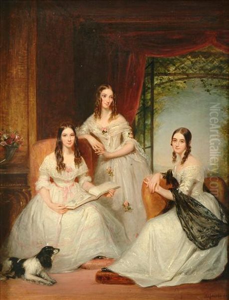 Group Portrait Ofthree Sisters, Said To Be Relations Of Lord Cobham Of Cobham Hall,kent Full Length Seated In A Drawing Room Interior Oil Painting by William Gush