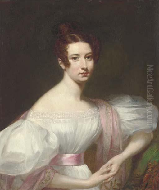 Portrait Of A Lady, Half-length, In A White Dress With A Pink Shawland Sash Oil Painting by William Gush