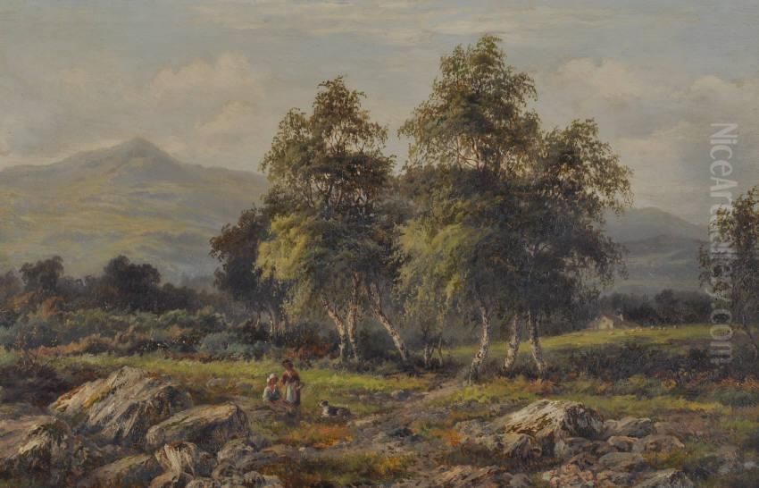 Extensive Welsh Landscape With Figures And Dog Oil Painting by Albert E. Gyngell
