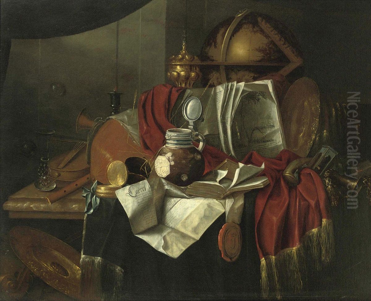 Gijsbrechts Musical Instruments, A Globe, A Watch, Books, A Stoneware Ewer,documents, A Wineglass, A Horne And Various Other Objects On Apartly Draped Oil Painting by Franciscus Gysbrechts