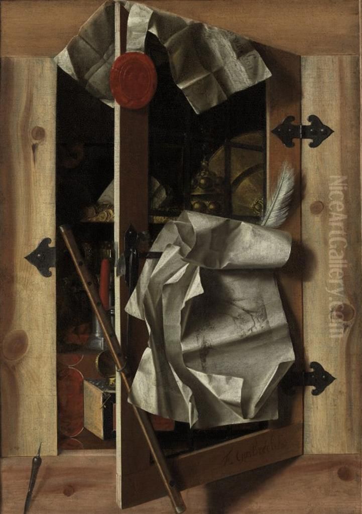 A Trompe L'oeil Still Life With Objects In A Cupboard Oil Painting by Franciscus Gysbrechts