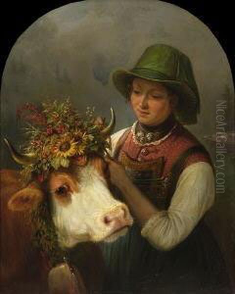 Junge Sennerin Mit Einem Ochsen Oil Painting by Sebastian Habenschaden