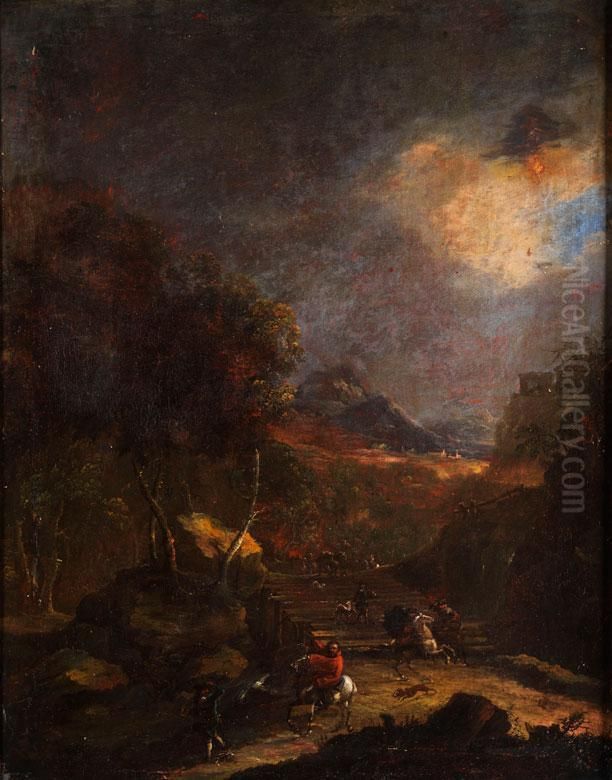 Nachtliche, Sturmische Landschaft Mit Jagdreitern Oil Painting by Jan Hackaert