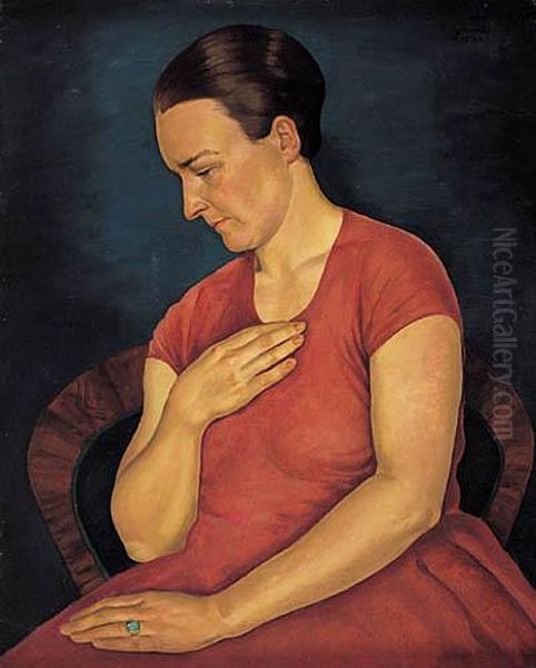 Kobieta W Czerwonej Sukni 1929 R. Oil Painting by Rudolf Hacke