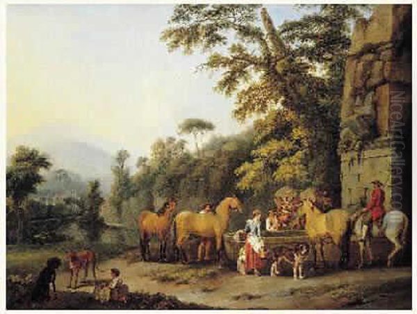 Repos De Cavaliers Aupres D'un Abreuvoir Dans La Campagne Italienne Oil Painting by Johann Gottlieb Hackert