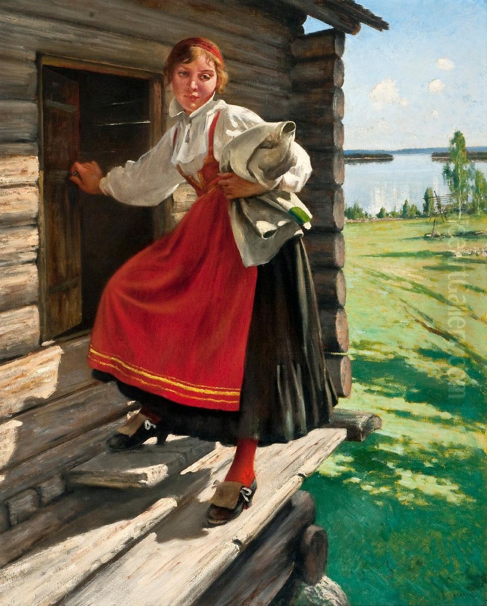 Girl In Mora Dress Oil Painting by August Wilhelm Nikolaus Hagborg