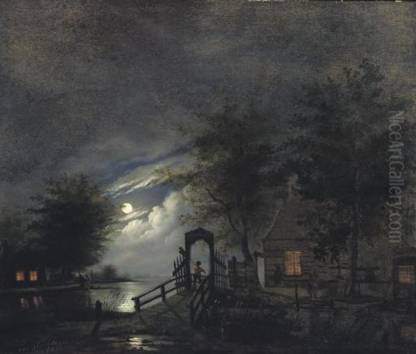 A Moonlit River Landscape Oil Painting by Bernardus Hagedoorn