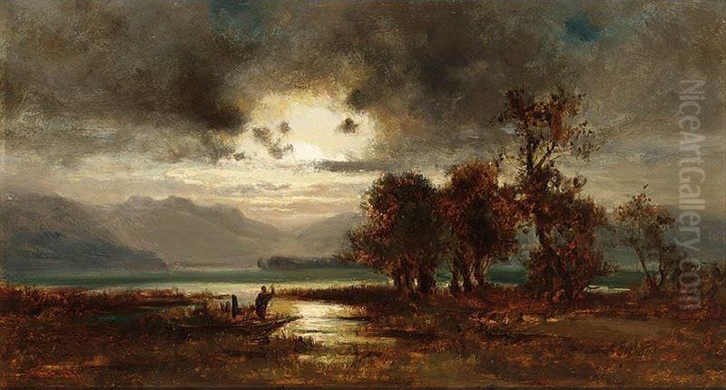 Fisherman In His Boat In A Fluvial Landscape Oil Painting by Josef Hahn