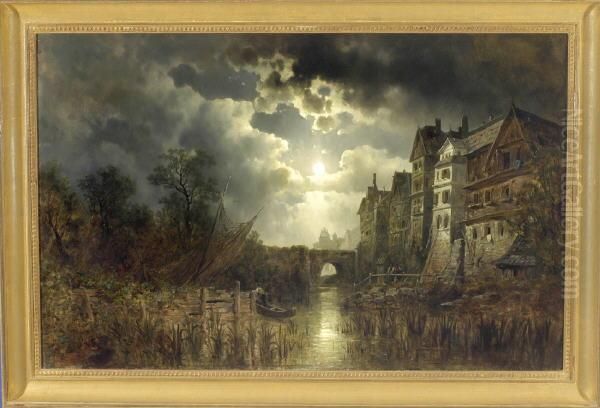 Frankfurt-sachsenhausen - Vollmond Uber Der Alten Mainbrucke Mit Personenstaffage Oil Painting by Thomas Henry Hair