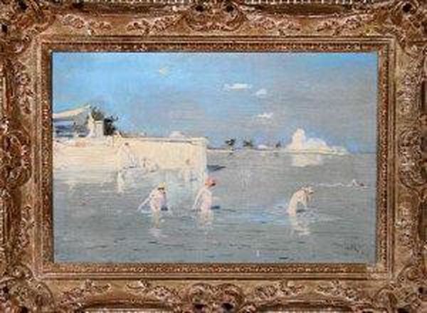 A View In The Venetian Lagoon With Women Bathing Oil Painting by Edward Matthew Hale