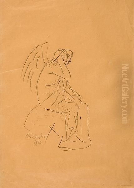 Seated Angel (recto); Another Version Of Thesame Subject (verso) Oil Painting by Giannoulis Halepas