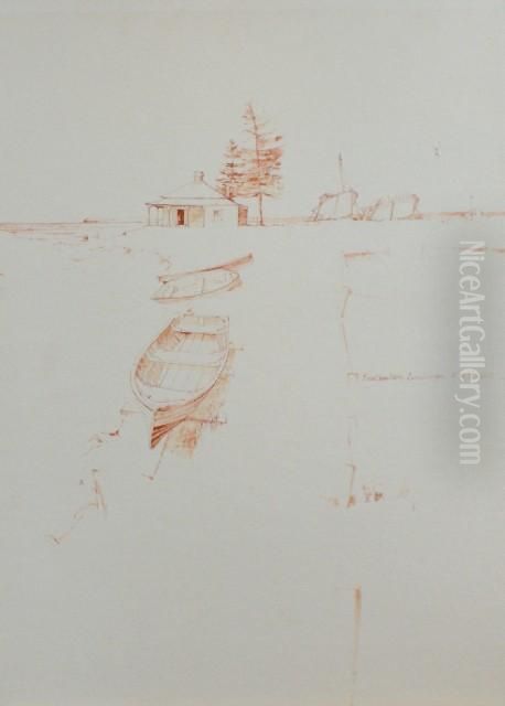 Boatbuilders Landscape Oil Painting by George Edward Hall