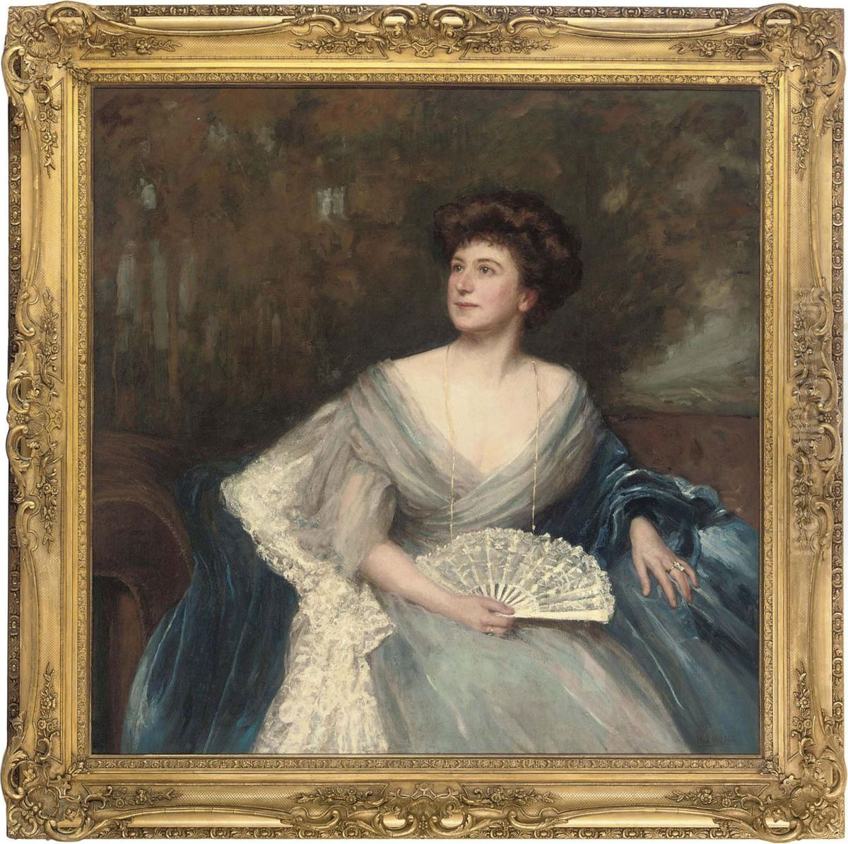 Portrait Of Mrs James Herbert Wild (nee Sarah Alice Nesbit Rhodes Of Glossop), Seated Three-quarter-length, In A Light Blue Dress And Dark Blue Wrap, Holding A Fan Oil Painting by Maud Hall-Neale
