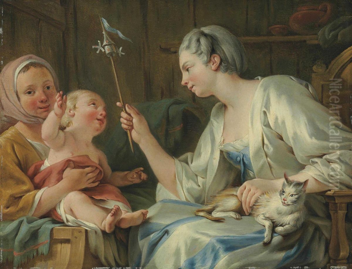 A Lady Entertaining A Child Of A Savoyard Woman With Apinwheel Oil Painting by Noel Halle