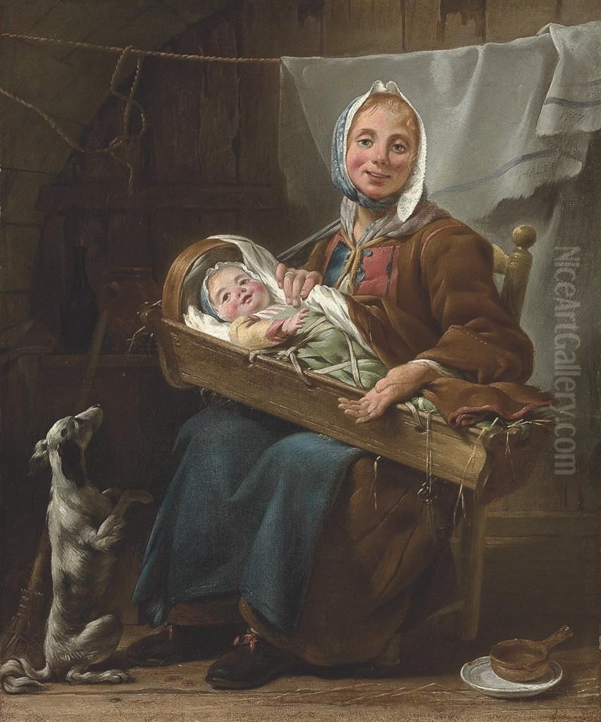 Une Savoyarde: A Mother And Child With A Dog In An Interior Oil Painting by Noel Halle