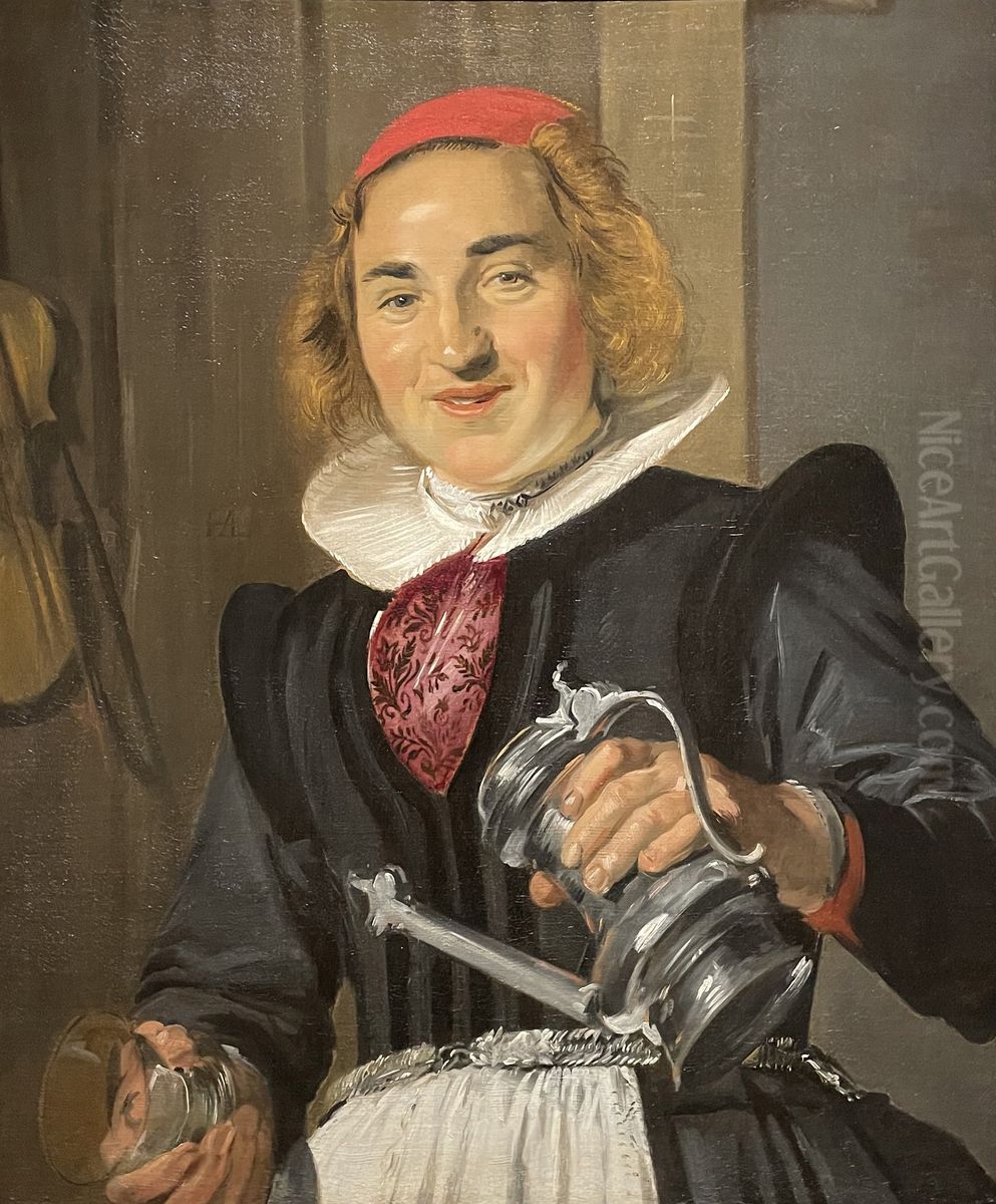 Young Woman Holding A Glass And A Flagon Oil Painting by Frans Hals