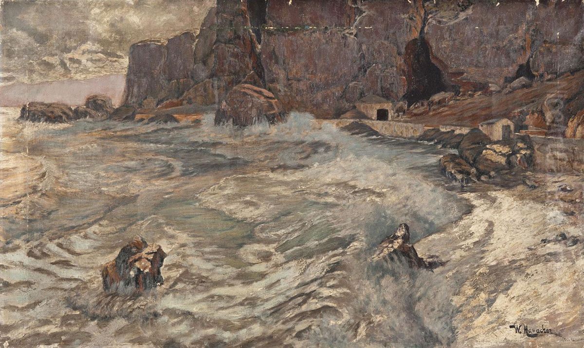 Sturmische See An Felsenkuste Oil Painting by Willy Hamacher