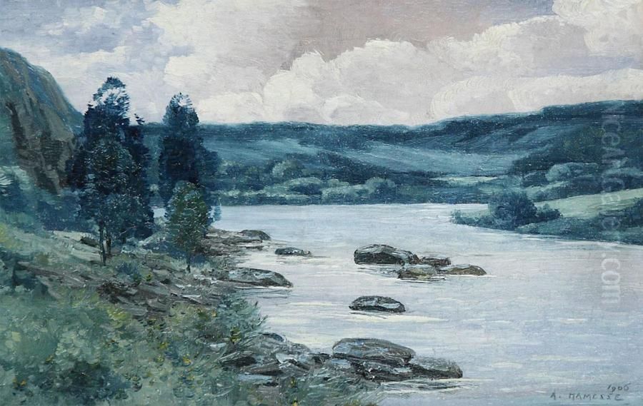 River Landscape Oil Painting by Adolphe Jean Hamesse