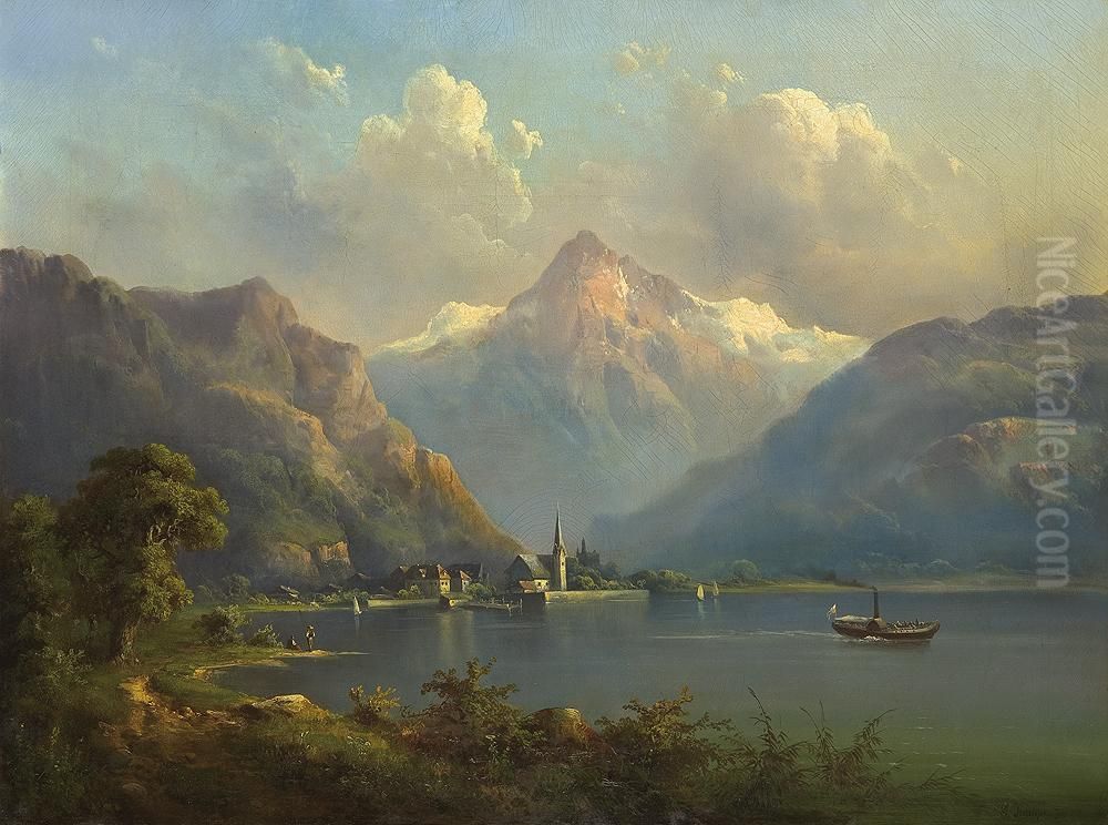 Landscape With Lake In Alps Oil Painting by Guido Hampe
