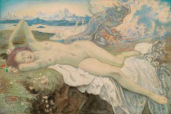 Schlafende Und Gold Bewachender Leguan Oil Painting by Sigmund Walter Hampel