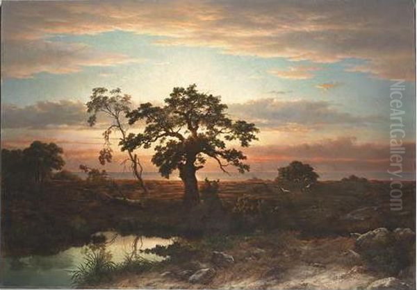Tree In A Landscape At Dusk Oil Painting by Louwrens Hanedoes