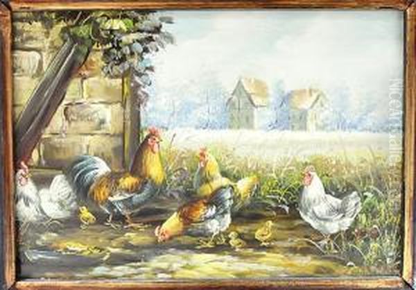 Huhnerhof Oil Painting by Max I Hanger