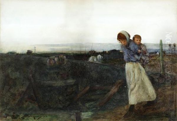 Woman And Child Crossing A Moorland Road Oil Painting by William Lee Hankey