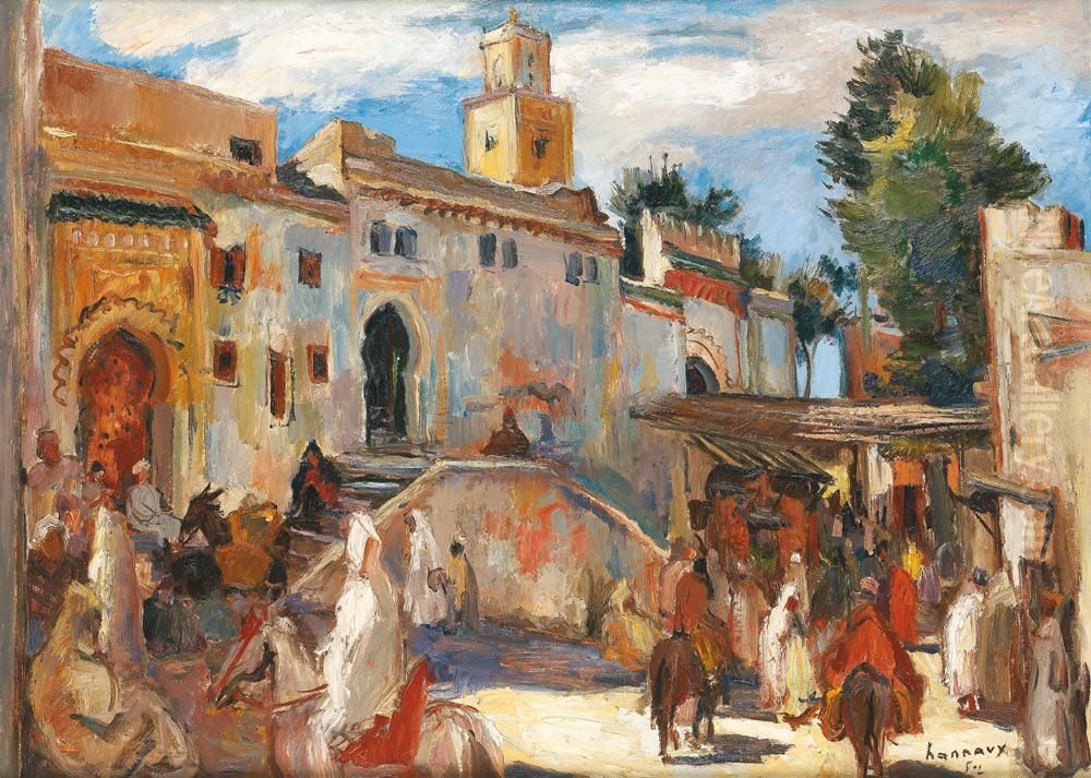 Promeneurs Devant La Mosquee De Fes Oil Painting by Paul Hannaux
