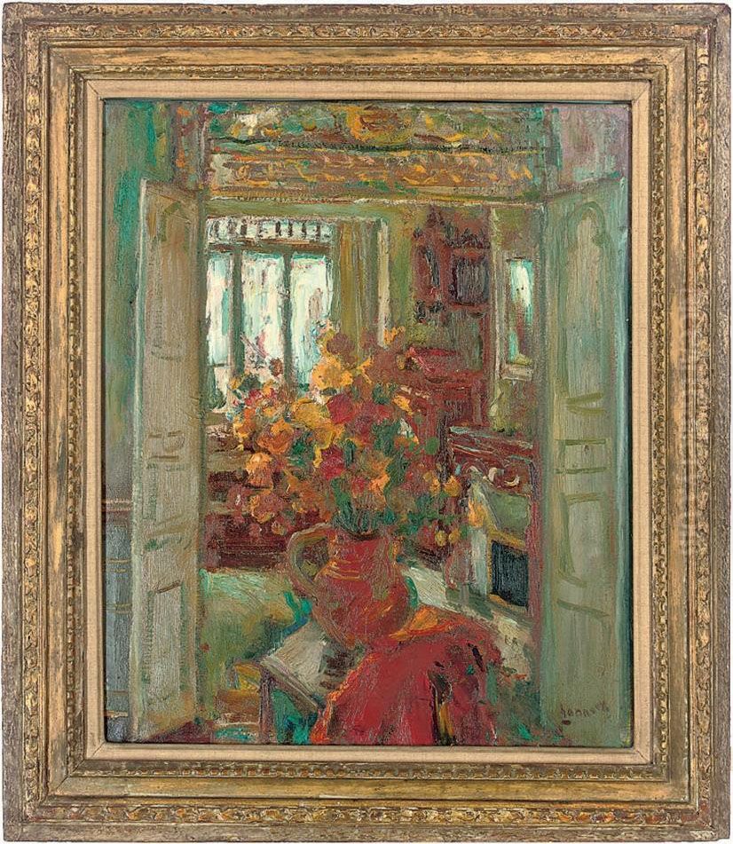 Summer Flowers In A Vase, In An Interior Oil Painting by Paul Hannaux