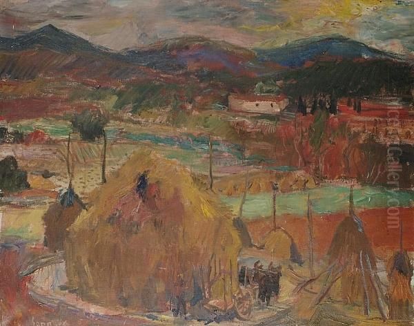 Rural Landscape With Haystacks Oil Painting by Paul Hannaux