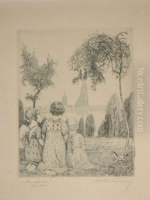 Ein Engel Und Zwei Kinder Beim Abendgebet, Im Hintergrund Der Kolner Dom. Oil Painting by Hubert Hannemann