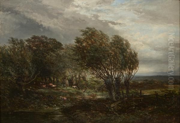 A Pastoral Landscape With Cattle Grazing Beside A Stream Oil Painting by Josephus Gerardus Hans