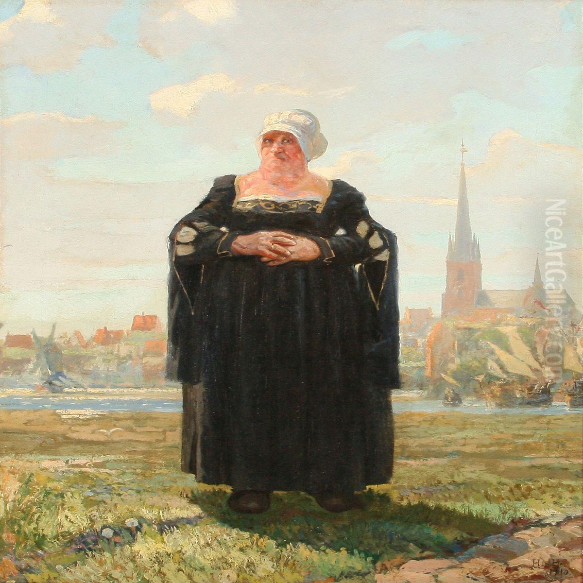 Mother Sigbrit On Amager Island, In The Backgroundcopenhagen Oil Painting by Hans Nikolaj Hansen