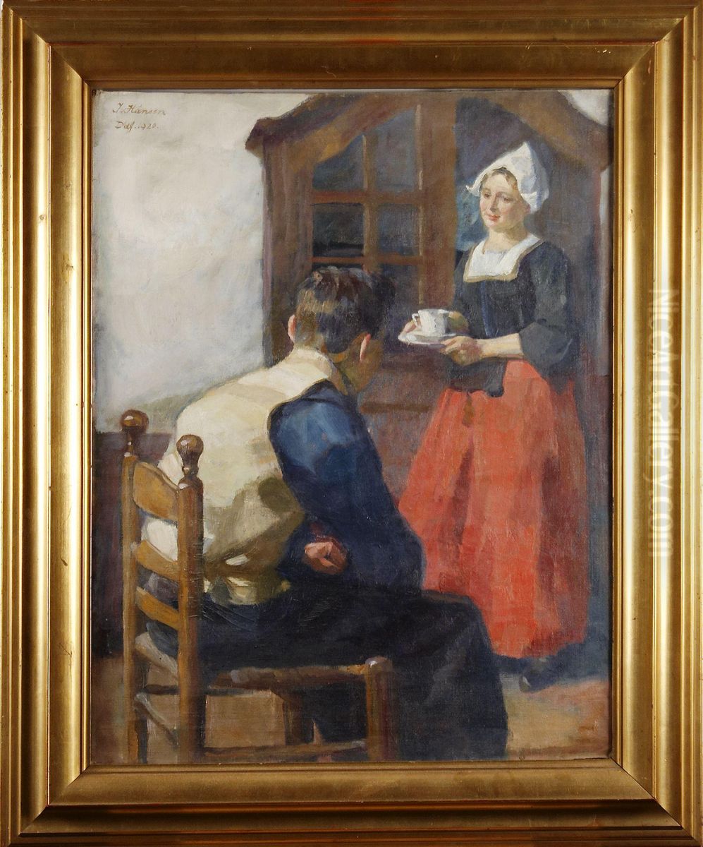Interior Med Kvinna OchMan Oil Painting by Jorgen Hansen