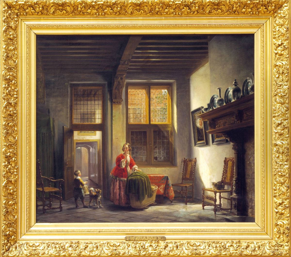 Voornaam Binnenhuis Met Vrouw En Kind Bij Een Trap Oil Painting by Lambertus Johannes Hansen