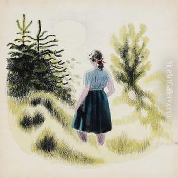 Woman In Scenery Oil Painting by Sikker Aage Hansen