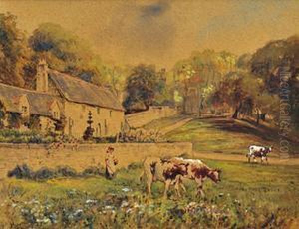 Pastierka Krav Oil Painting by Jozef Hanula