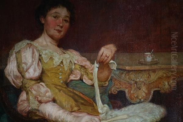 An Elegant Lady Seated With A Fan Oil Painting by George Harcourt