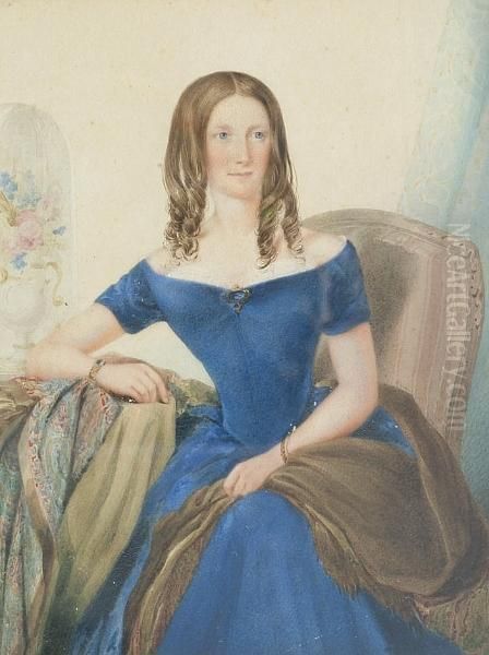 A Young Woman Seated At A Table With Drapes Oil Painting by Frederick Harding