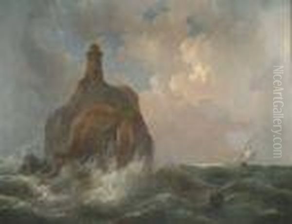 Ii , Stormyseascape With Lighthouse Oil Painting by Rudolf Hardorff