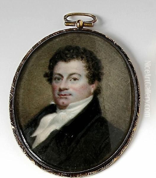 A Portrait Miniature Of A Gentleman Wearing Black Coat With High Collar, And White Stock, Oval Oil Painting by Hargreaves, Thomas