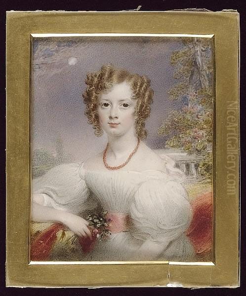 A Young Lady, Wearing White Dress With Large Puff Sleeves And Pink Waistband, Coral Necklace, A Bunch Of Flowers In Her Hand, Garden With Balustrade In The Background Oil Painting by Hargreaves, Thomas