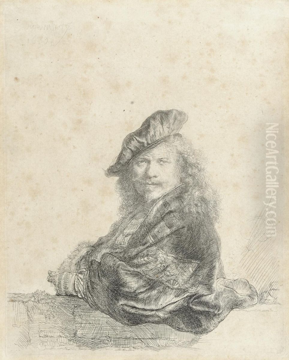 Self Portrait Of The Artist Leaning On A Stone Sill Oil Painting by Harmenszoon van Rijn Rembrandt