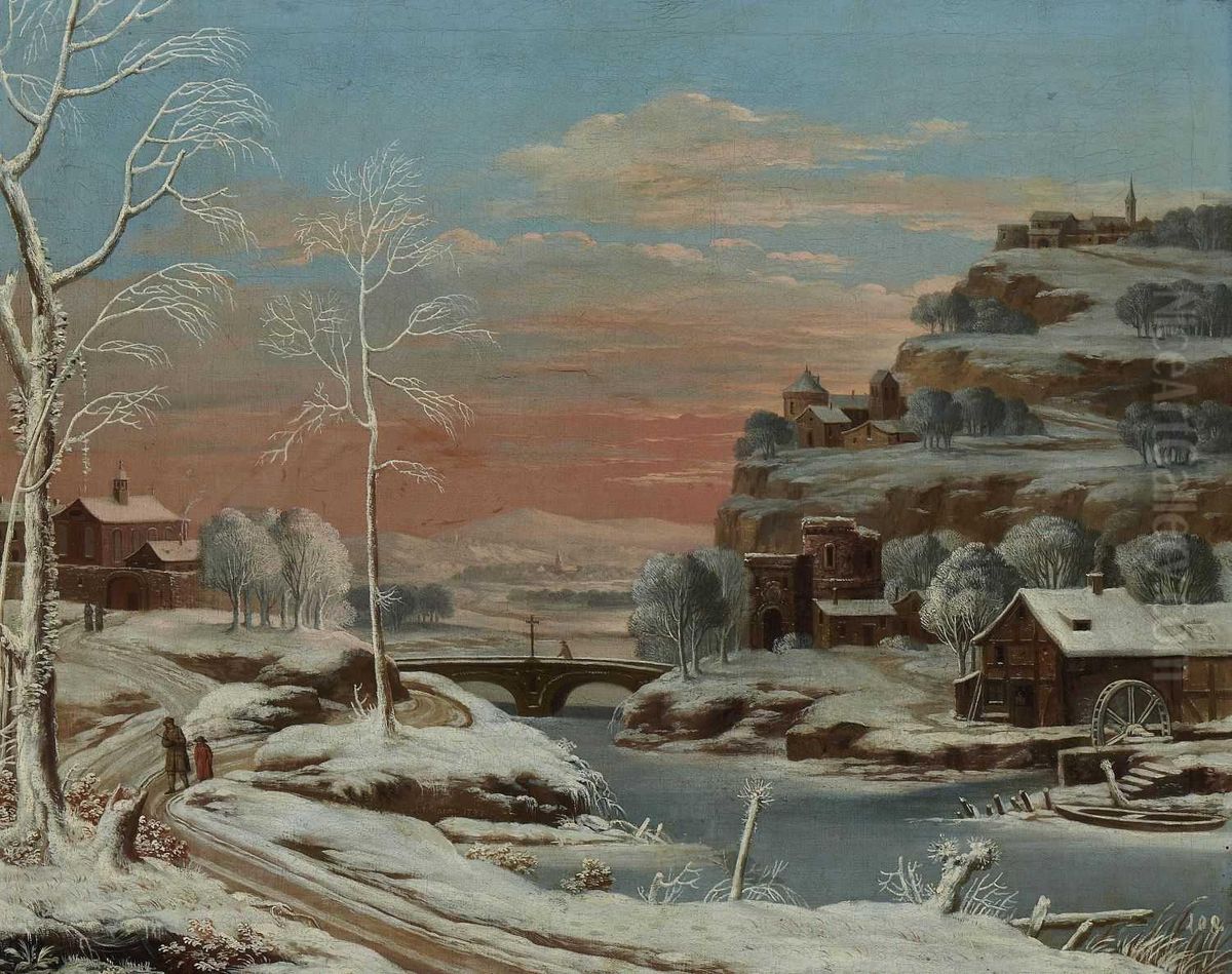 Winterliche Flusslandschaft. Oil Painting by Anton Friedrich Harms